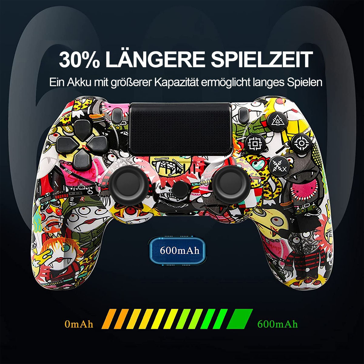 Ein mehrfarbiger Gamecontroller mit Akkuanzeige. Schwarzer Hintergrund.