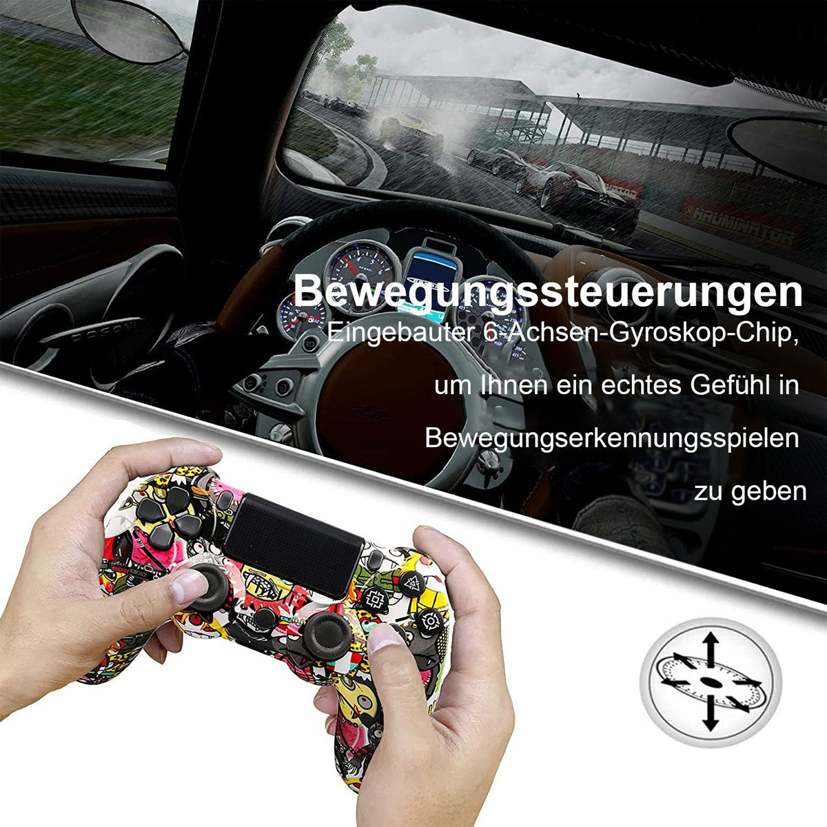 Ein bunter Videospiel-Controller mit Text über Bewegungssteuerung und ein Rennspiel.