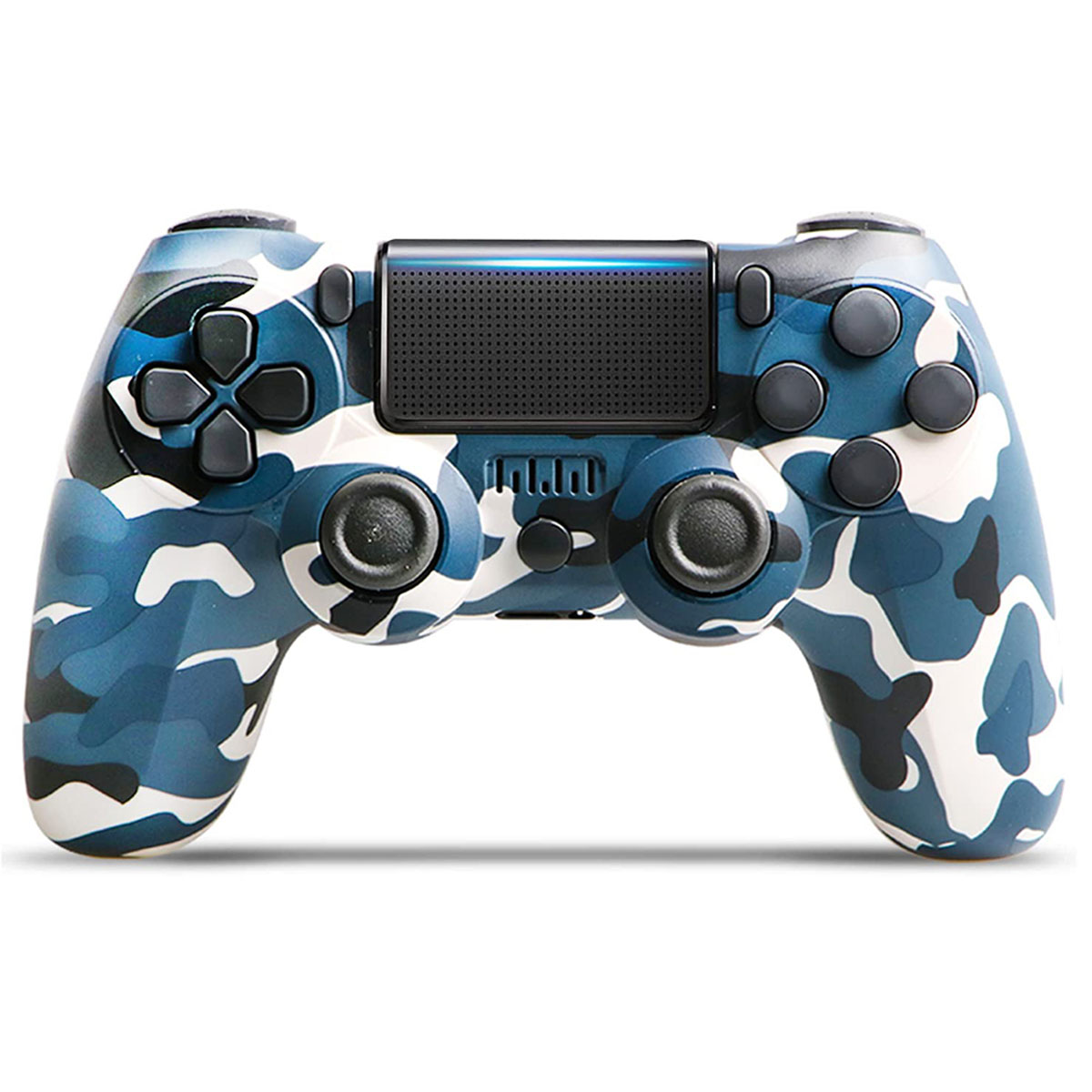 Blau getarnter Playstation 4-Controller. Knöpfe und Joysticks sind schwarz.