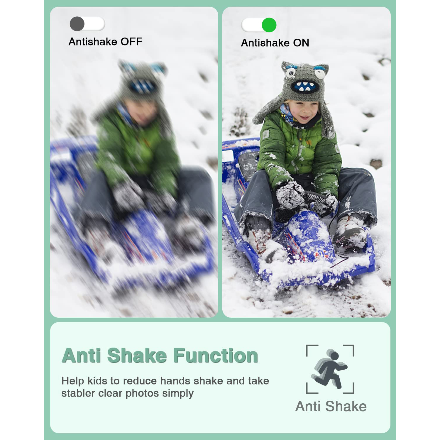 Chłopiec na niebieskich sankach na śniegu, obraz rozmazany po lewej, ostry po prawej z anti-shake.