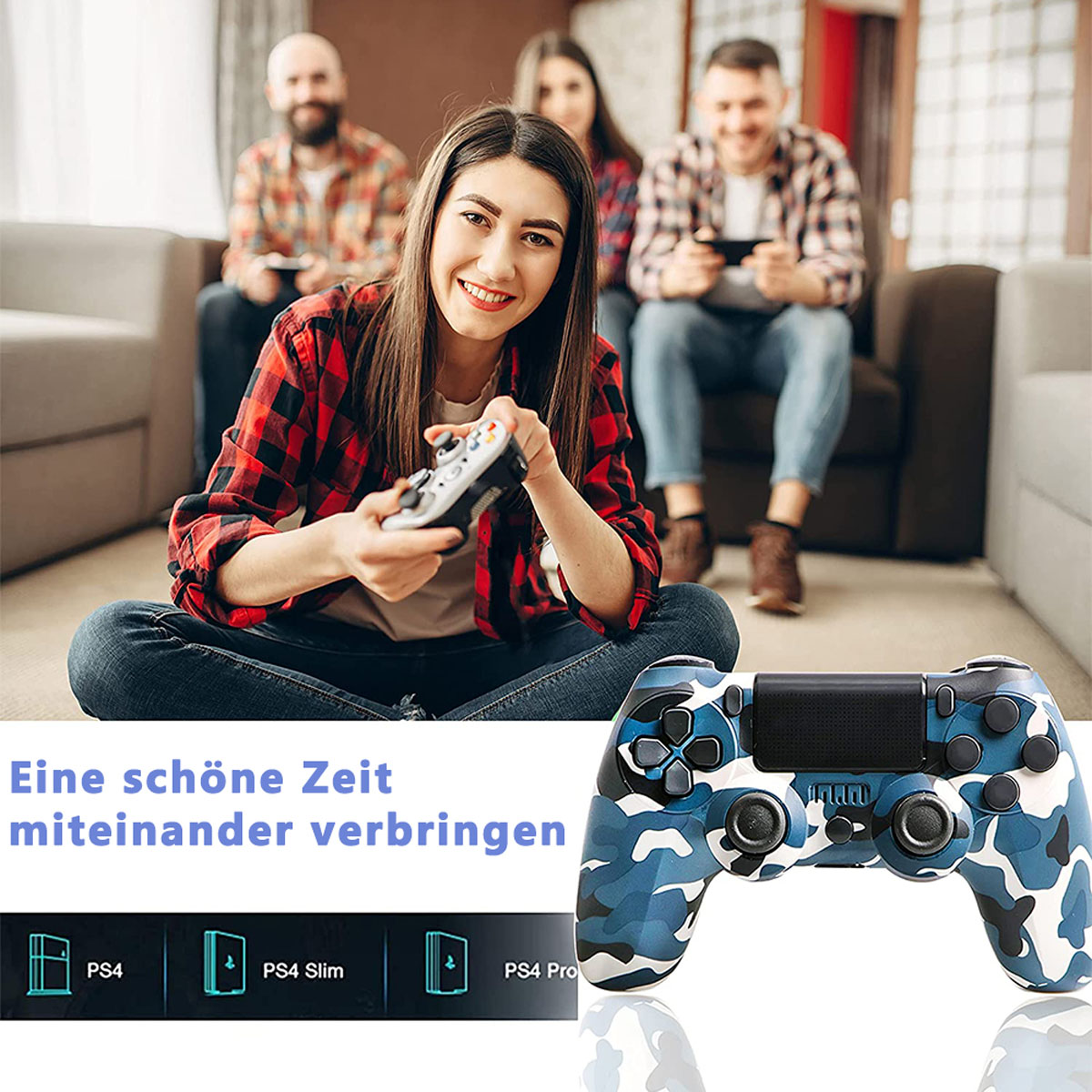 Gruppe spielt Videospiele, lächelt, Controller und Logo.