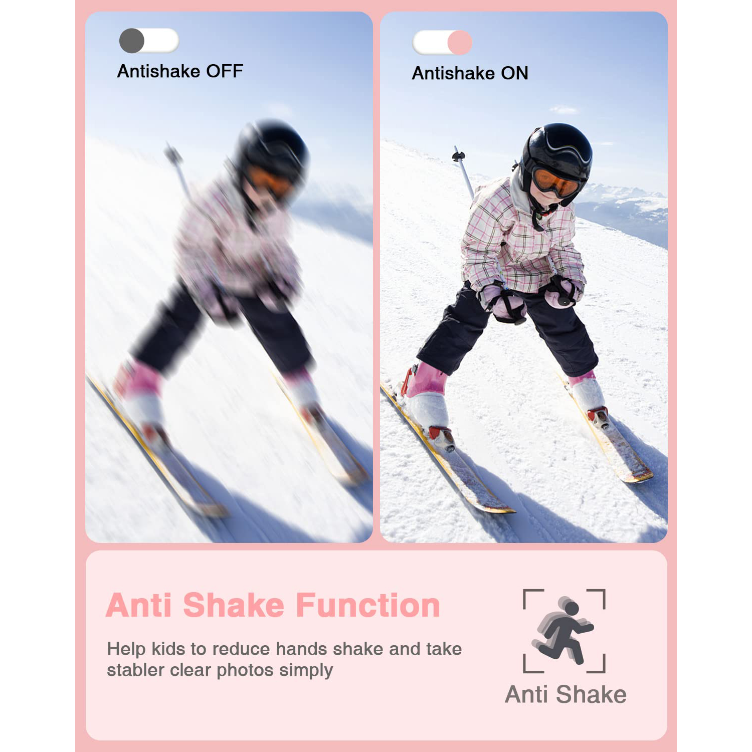 Narciarze w ruchu, jeden rozmyty (Anti-shake WYŁ.), drugi wyraźny (Anti-shake WŁ.).