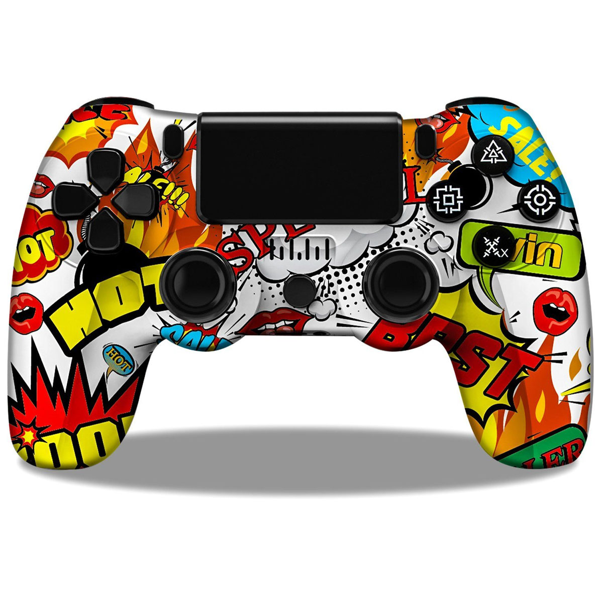 Kontroler PS4 z komiksowym designem. Przyciski, d-pad i joysticki są widoczne.