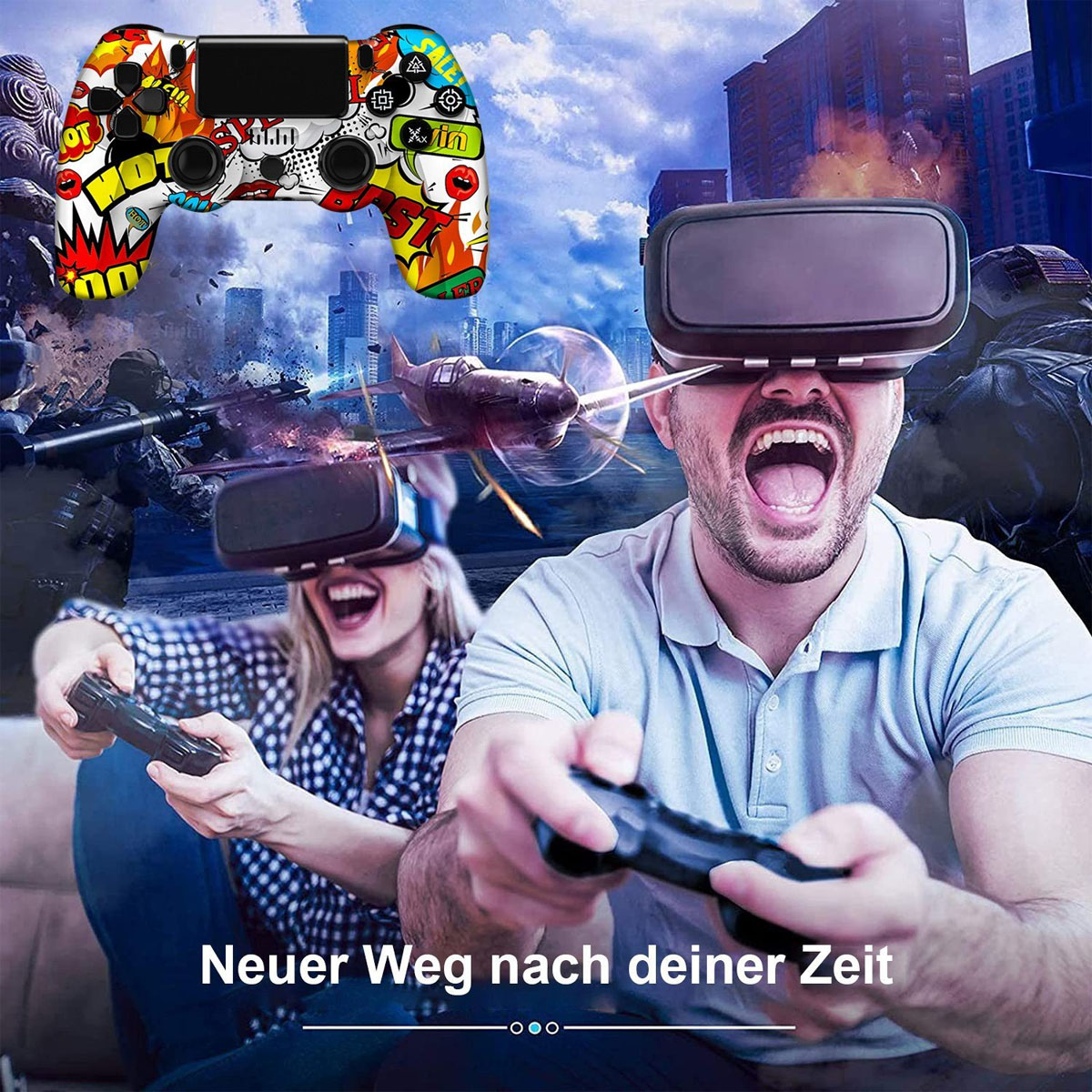 Leute spielen VR-Spiele mit bunten Controllern und Stadt-Hintergrund.