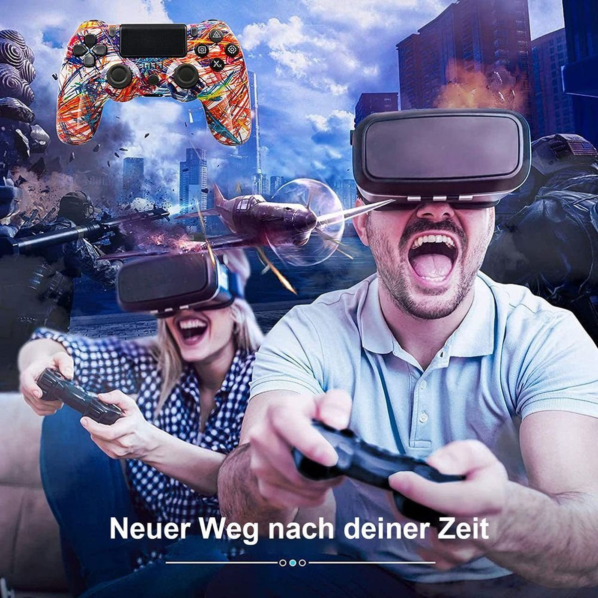 Zwei Personen mit VR-Headsets spielen mit einem Controller.