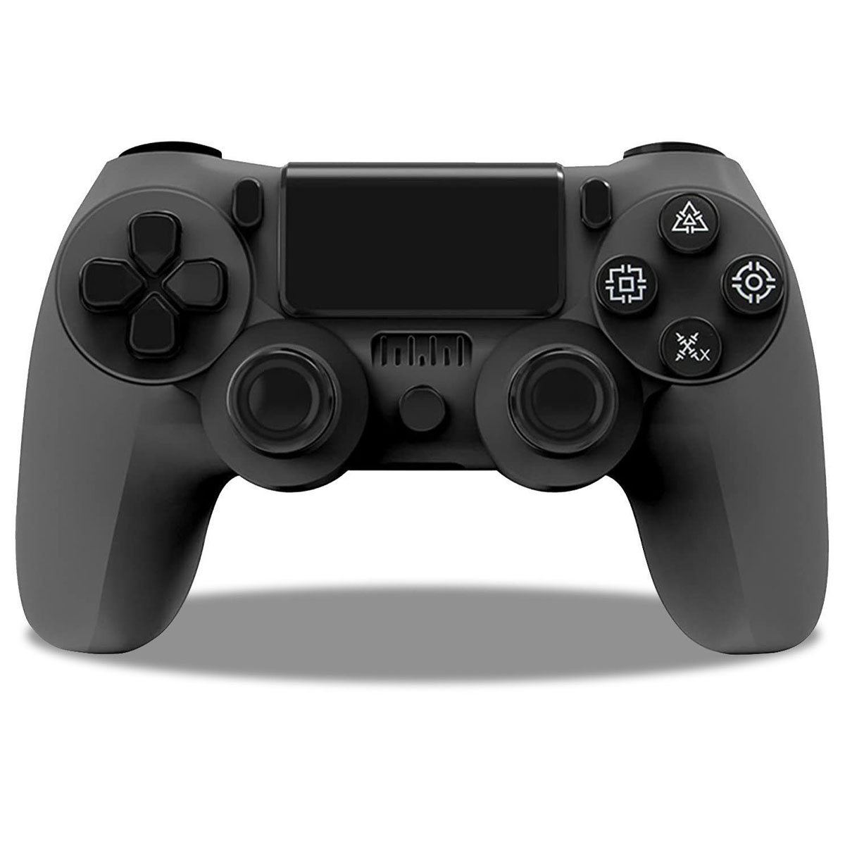 Un gamepad negro con botones y controles direccionales, sobre fondo blanco.