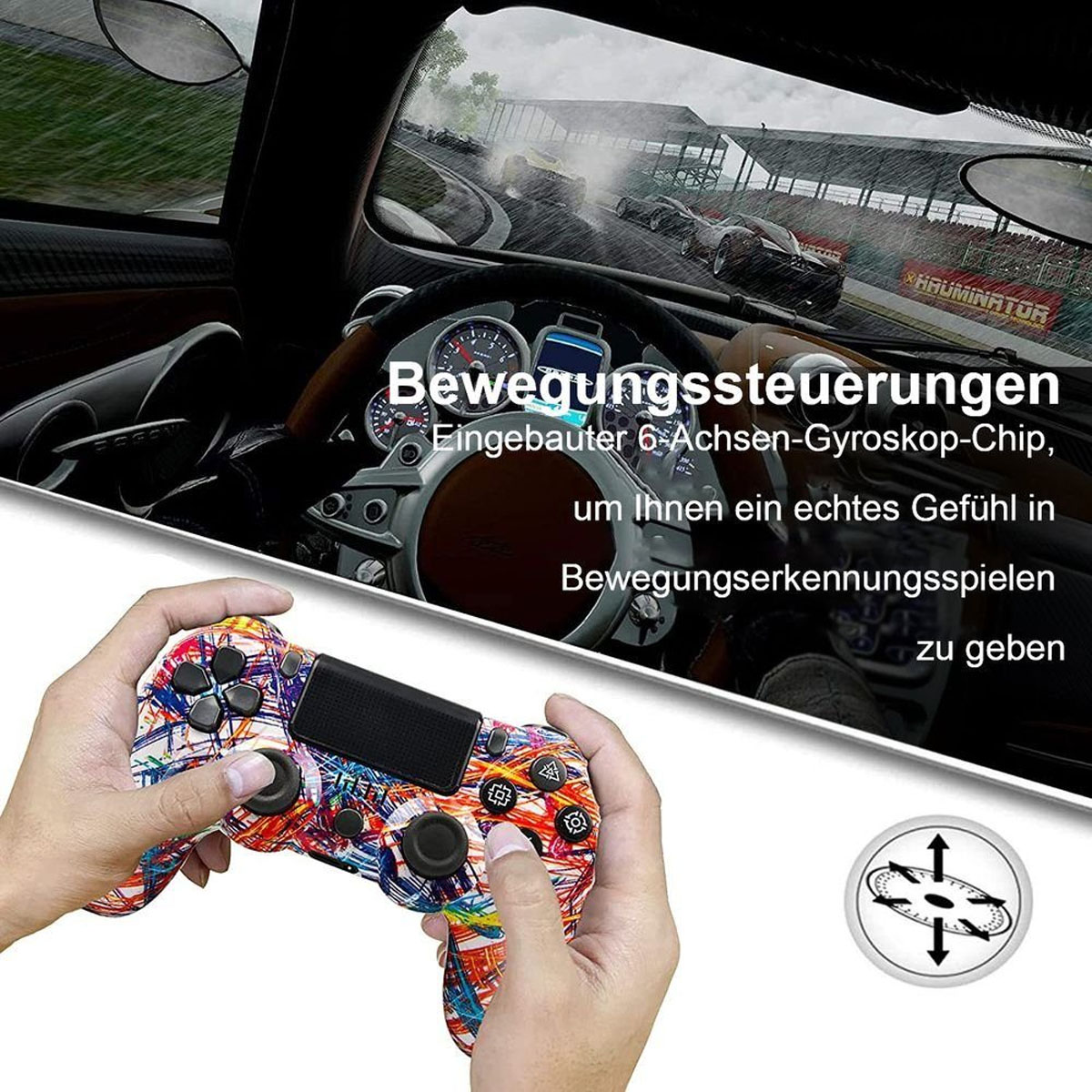 Eine Person hält einen bunten Spielcontroller. Ein Rennspiel ist auf dem Bildschirm im Hintergrund.