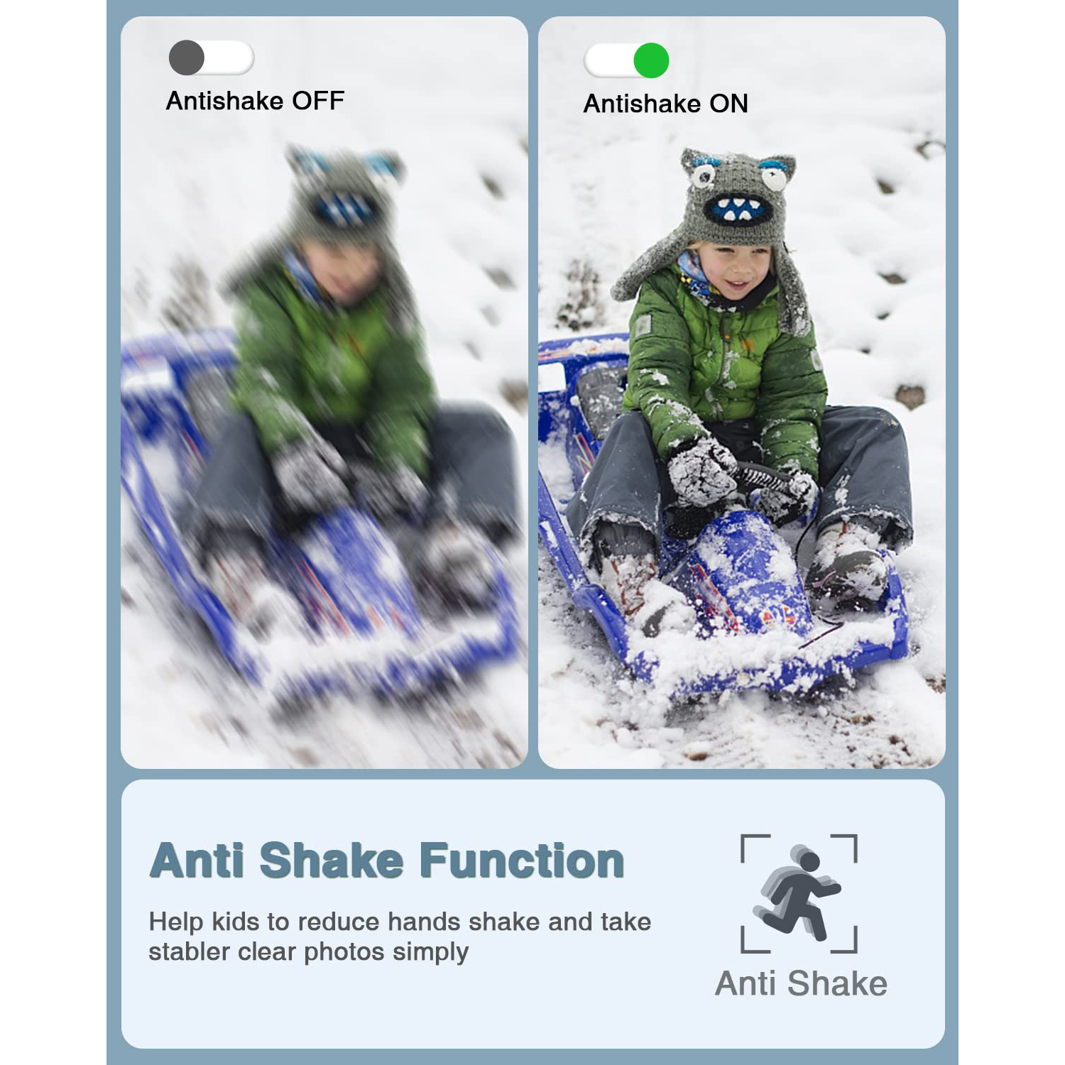 Chłopiec na sankach z włączoną i wyłączoną funkcją stabilizacji obrazu.