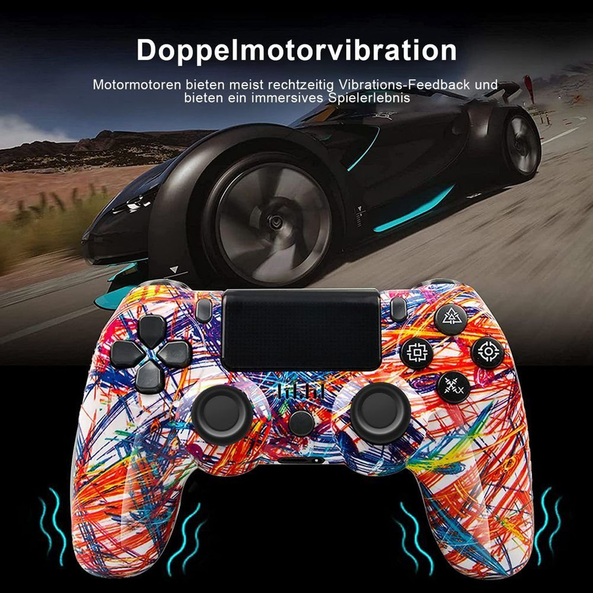 Bunter Controller mit schwarzer Oberfläche in der Mitte. Sportwagen im Hintergrund.