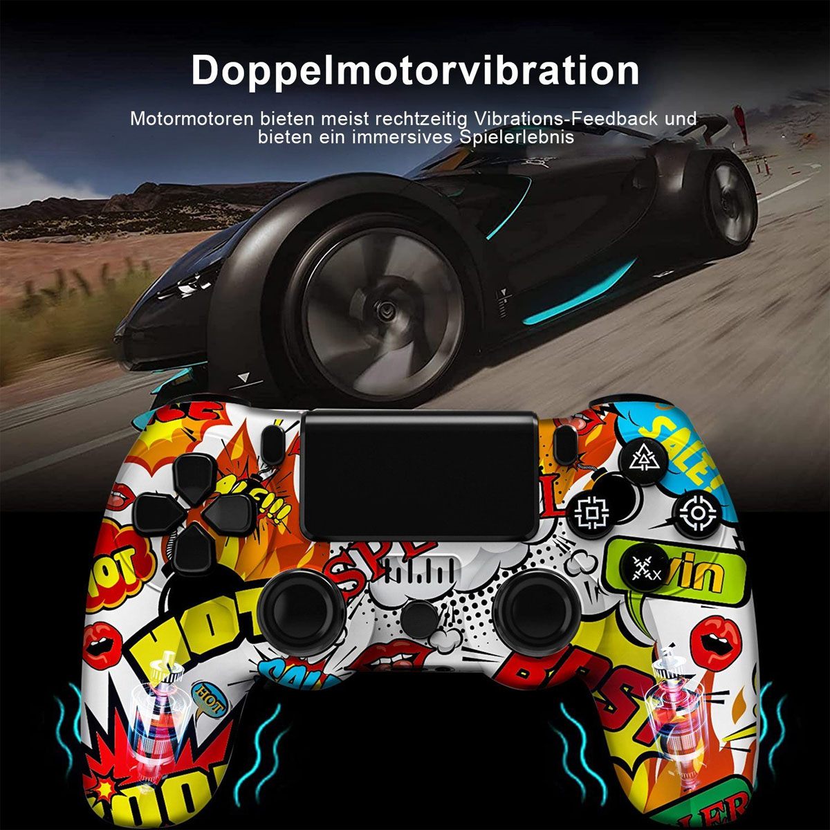 Gamepad mit Graffiti-Design, schwarzes Auto im Hintergrund.