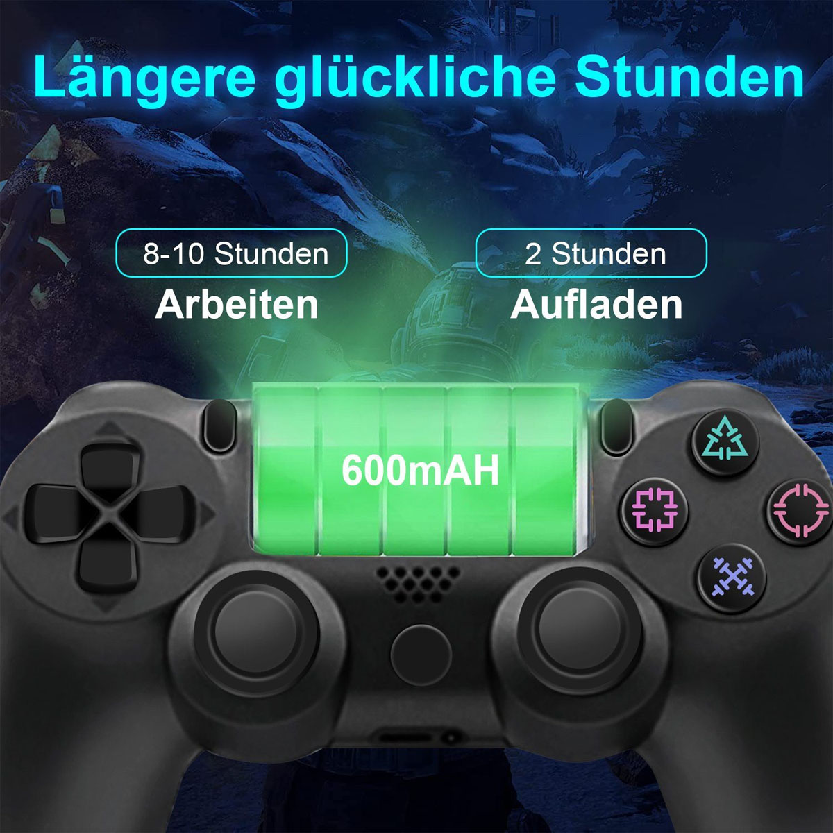 Mando PS4 negro, mostrando la duración de la batería. Texto dice 600mAh. Funciona 8-10 horas.