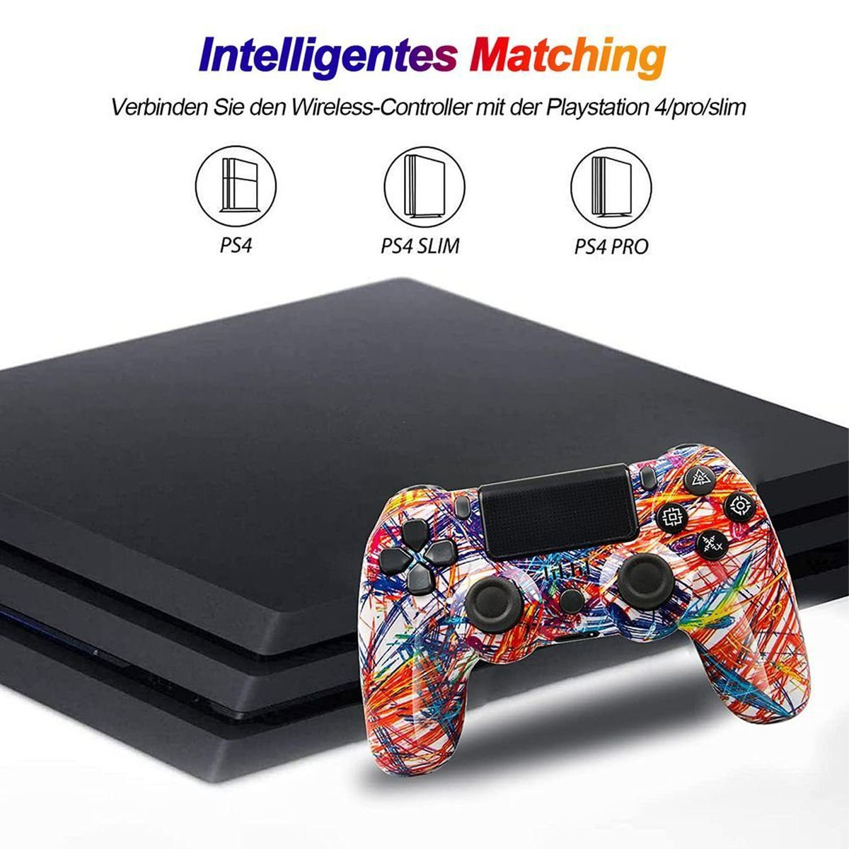 Eine PlayStation 4 Konsole, ein bunter Controller und Systemicons.