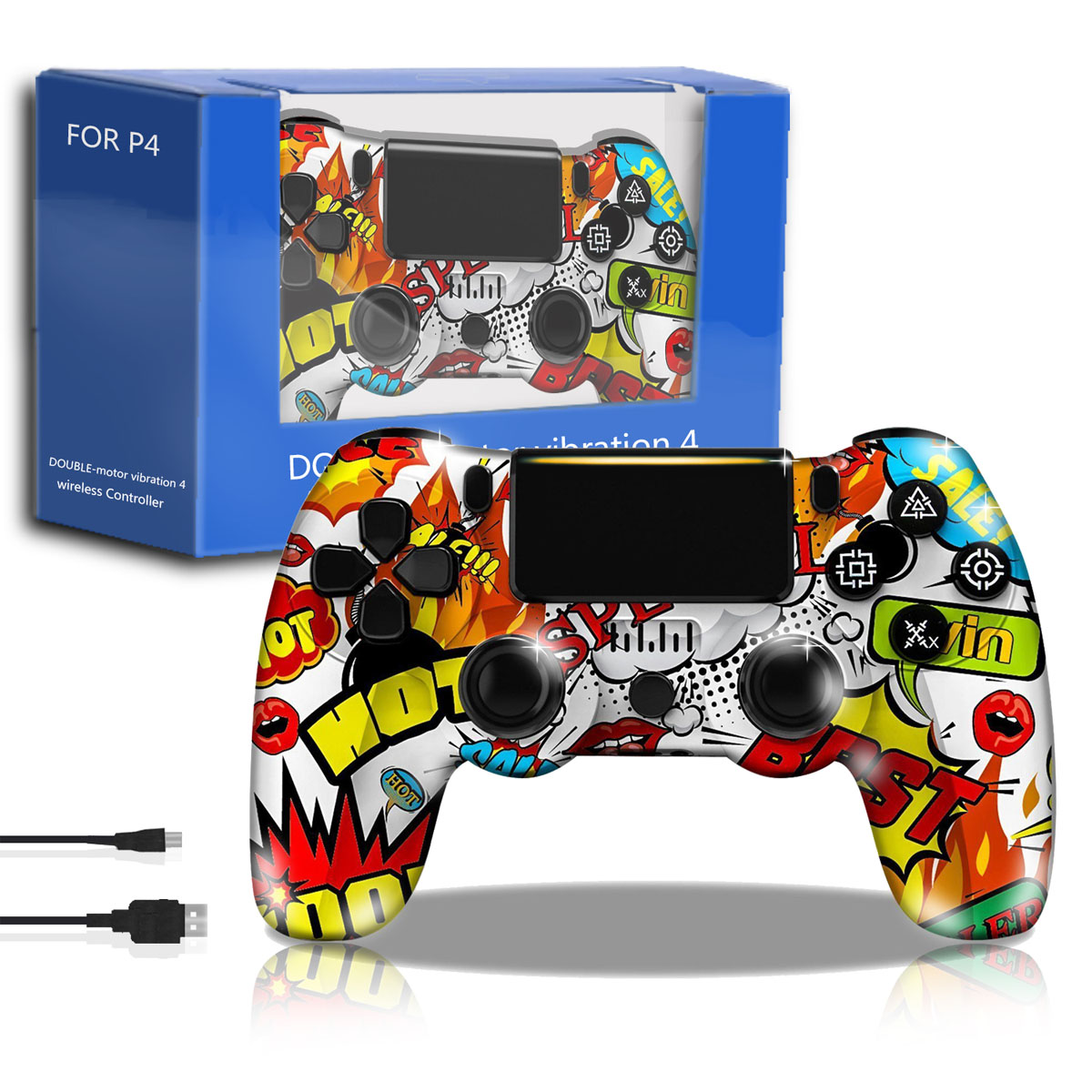 Kolorowy kontroler bezprzewodowy P4 z pudełkiem. Kontroler ma graffiti i dwa kable USB.