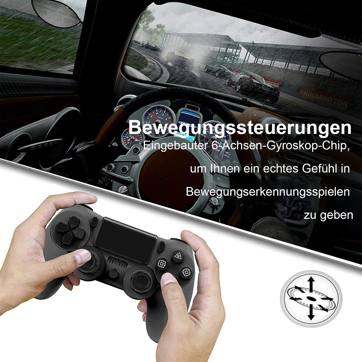 Manos sosteniendo mando, escena de juego en el fondo, texto: control de movimiento, giroscopio.