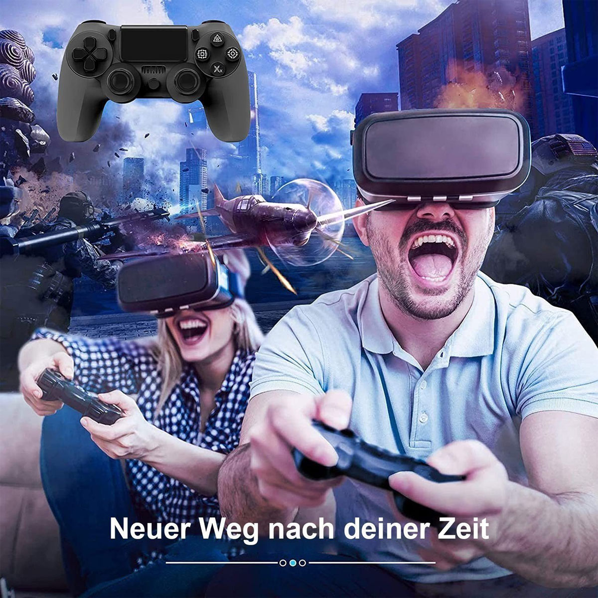 Personas con auriculares VR jugando. Sostienen mandos. Una ciudad y un avión están en el fondo.