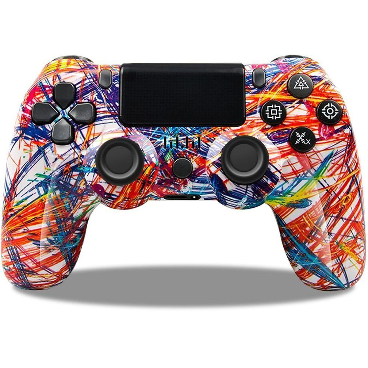 Kolorowy kontroler gier z czarnym ekranem pośrodku, białe tło.