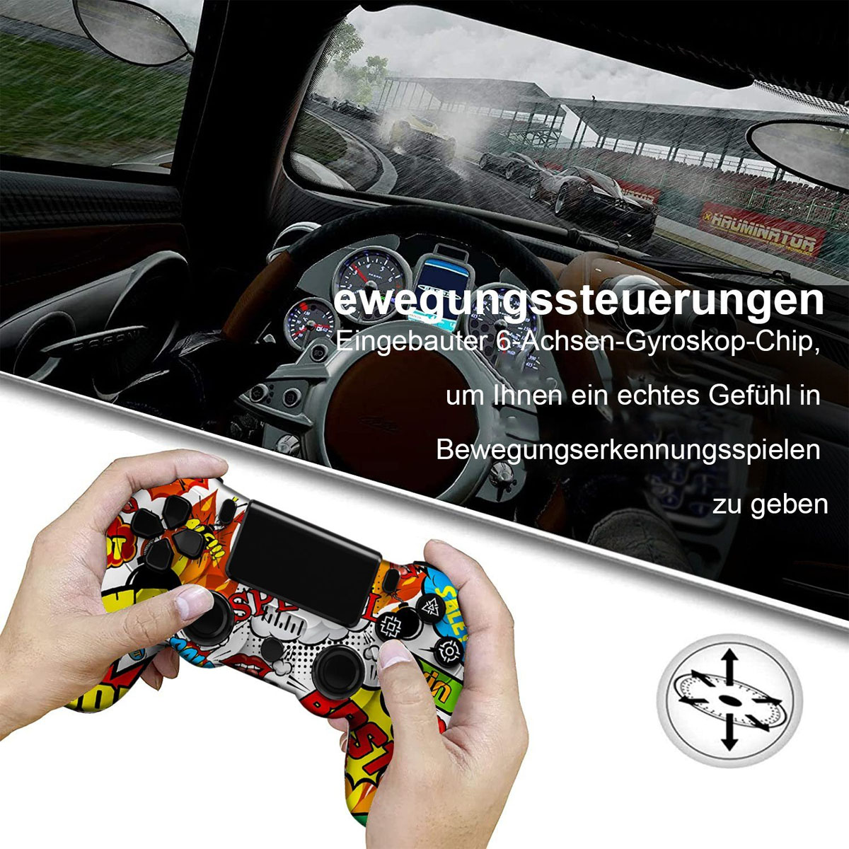 Bunter Gamecontroller in Händen, Rennwagen-Szene auf dem Bildschirm.