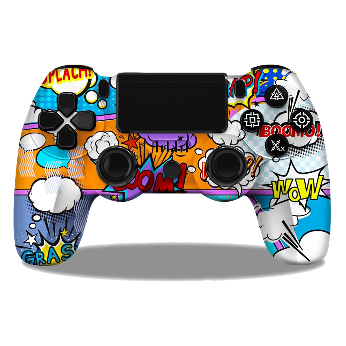 Kontroler w stylu komiksowym z kolorową grafiką i dymkami.