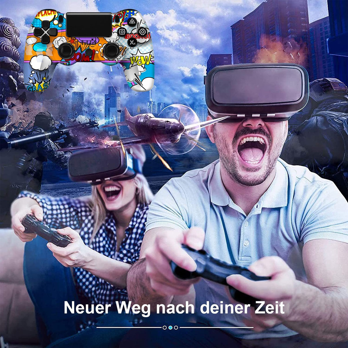 Personen mit VR-Headsets, halten Controller und spielen ein Spiel. Bunter Controller sichtbar.