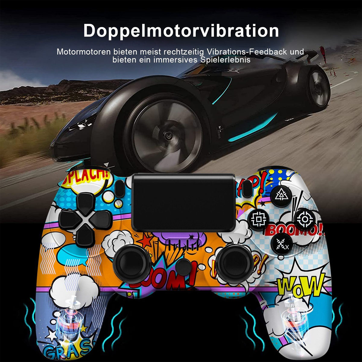 Ein bunter Videospiel-Controller mit Grafiken im Comic-Stil.