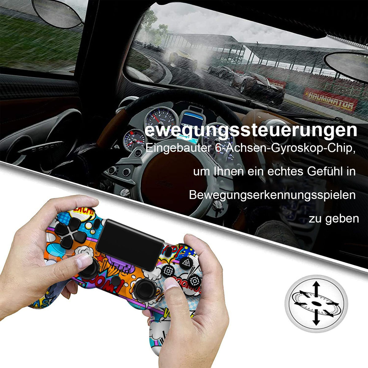 Eine Person hält einen Controller im Graffiti-Stil in einem Cockpit. Zeigt ein Rennspiel.