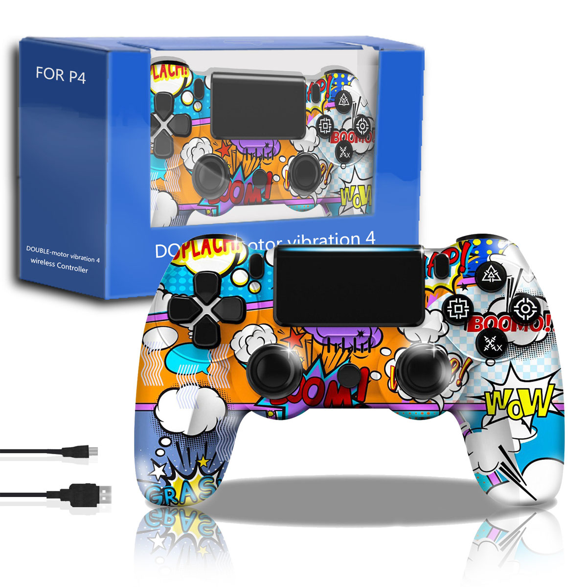 Kontroler do gier z kolorowym designem, pudełko w tle.