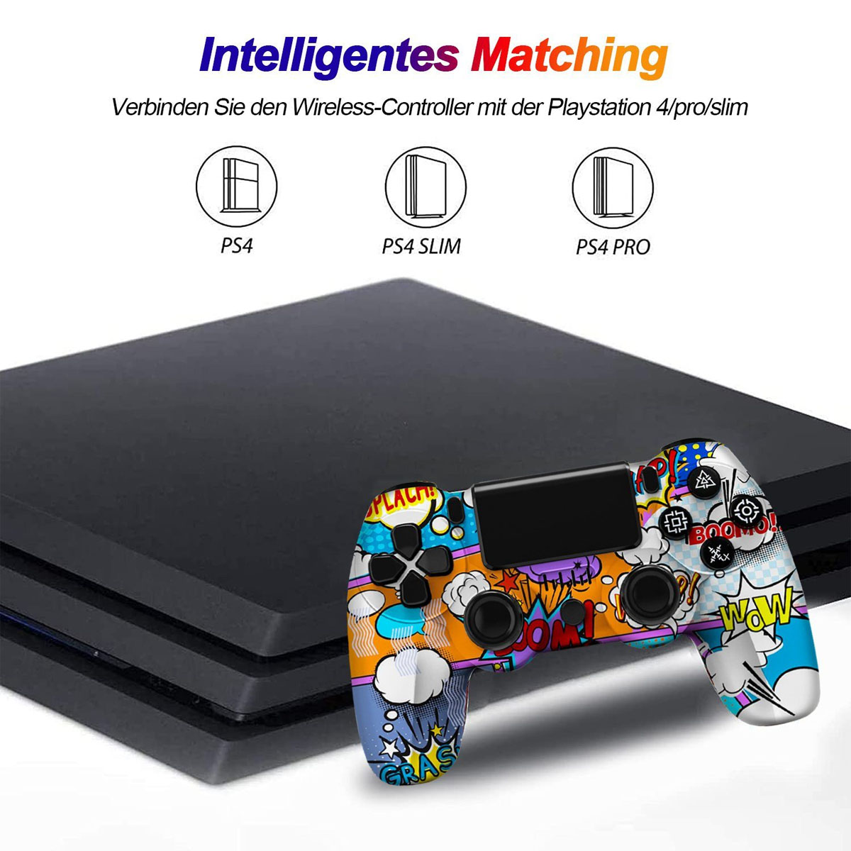 Eine schwarze Playstation 4-Konsole und ein bunter Controller liegen auf einer weißen Oberfläche, mit Text darüber.