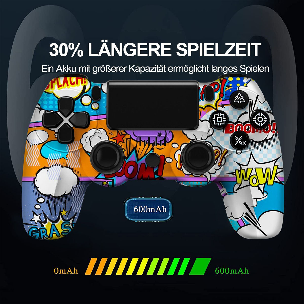 Controller im Comic-Stil mit 600mAh Akku, zeigt den Ladestand.