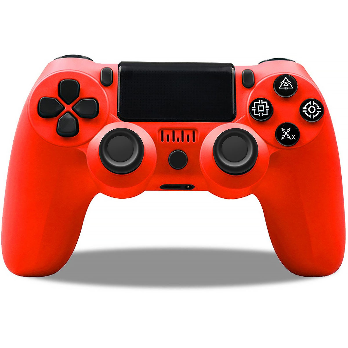 Ein roter Playstation 4 Controller. Der Controller hat schwarze Knöpfe und Joysticks. Er ist auf weißem Hintergrund.