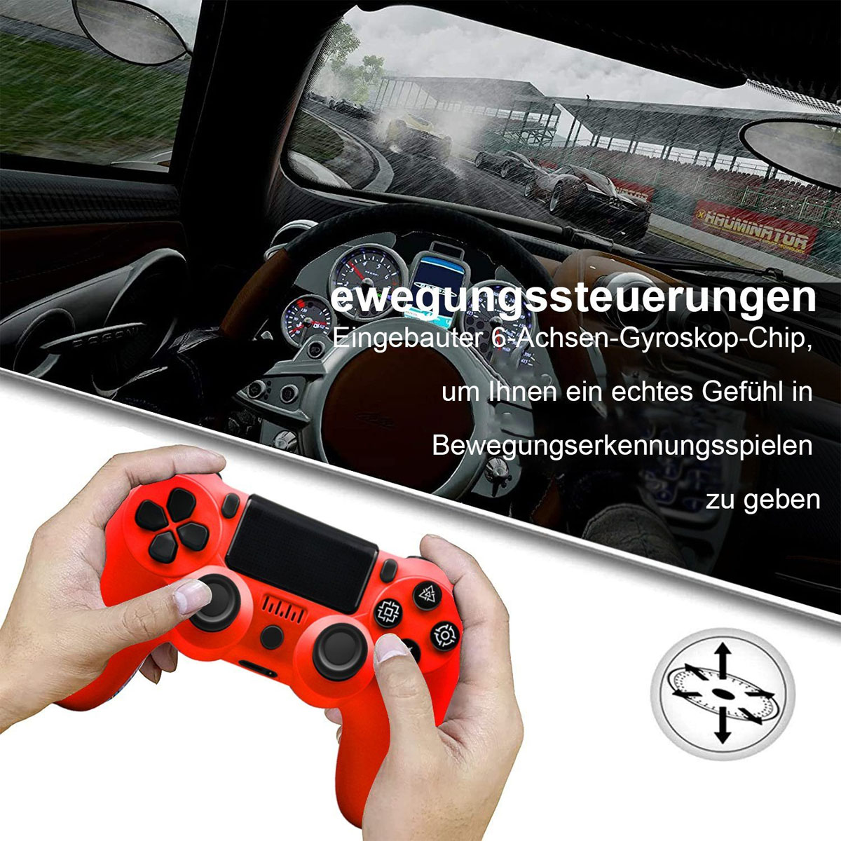 Person hält roten Gamecontroller, im Hintergrund Rennspielszene.