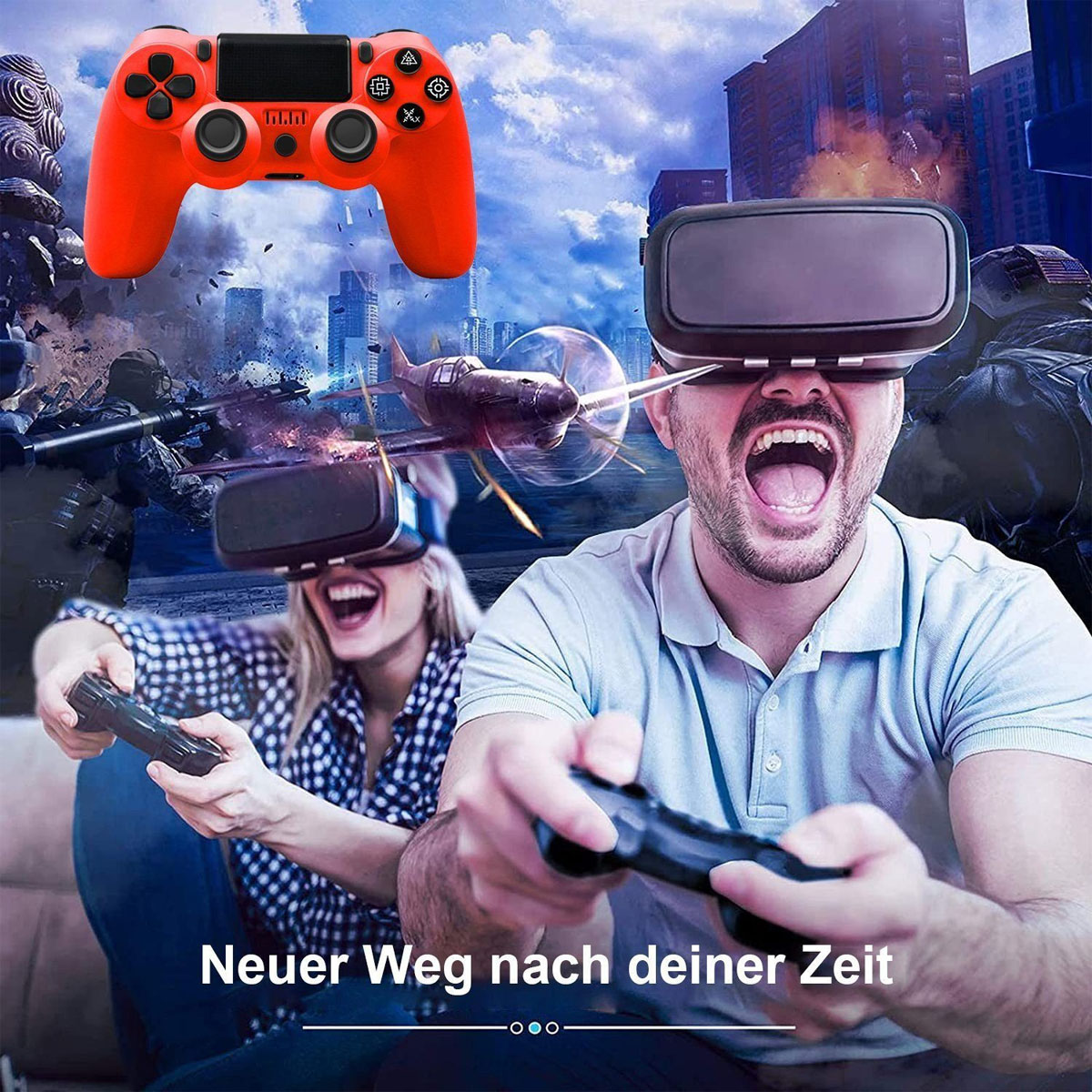 Zwei Personen mit VR-Headsets spielen ein Spiel mit einem roten Controller und Stadtkulisse.