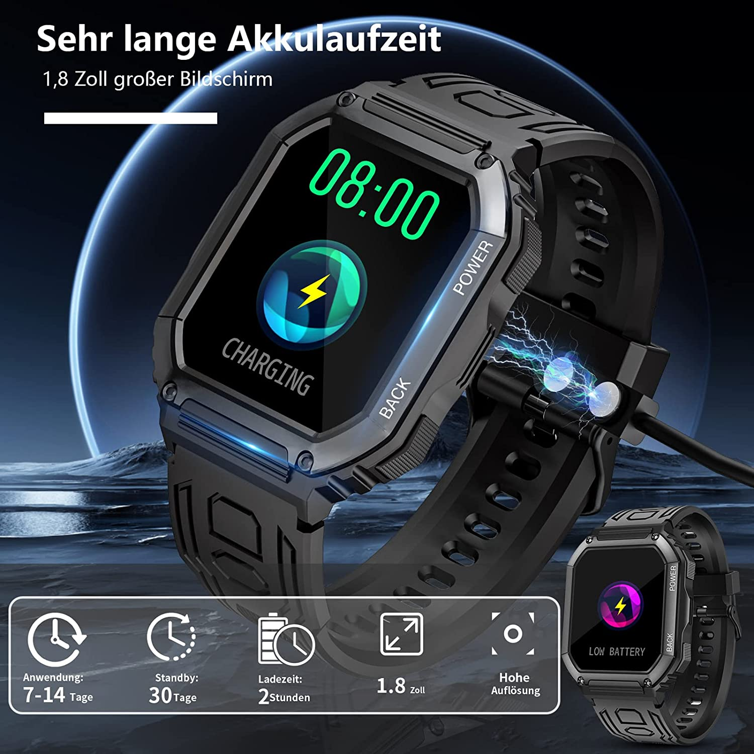 MANIKE Smartwatch Silikon, NX3 Schwarz - 210 steel stainless 140 mm,