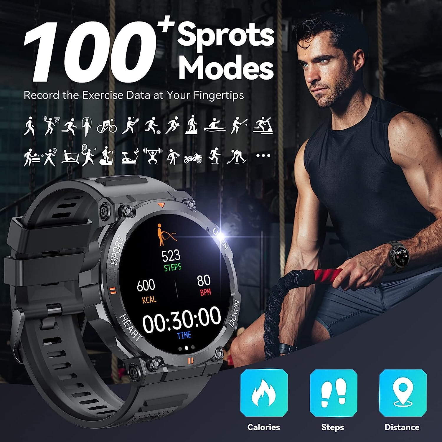 Czarny smartwatch, mężczyzna ćwiczący, wyświetlający dane. 100+ trybów sportowych.
