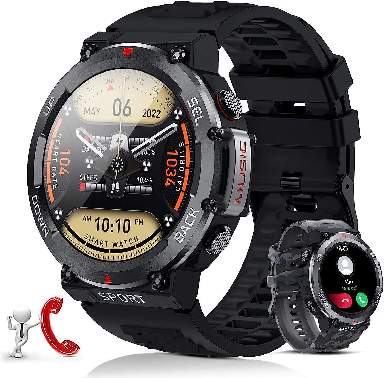 Czarny smartwatch z czarnym paskiem, pokazujący statystyki i interfejs połączeń.