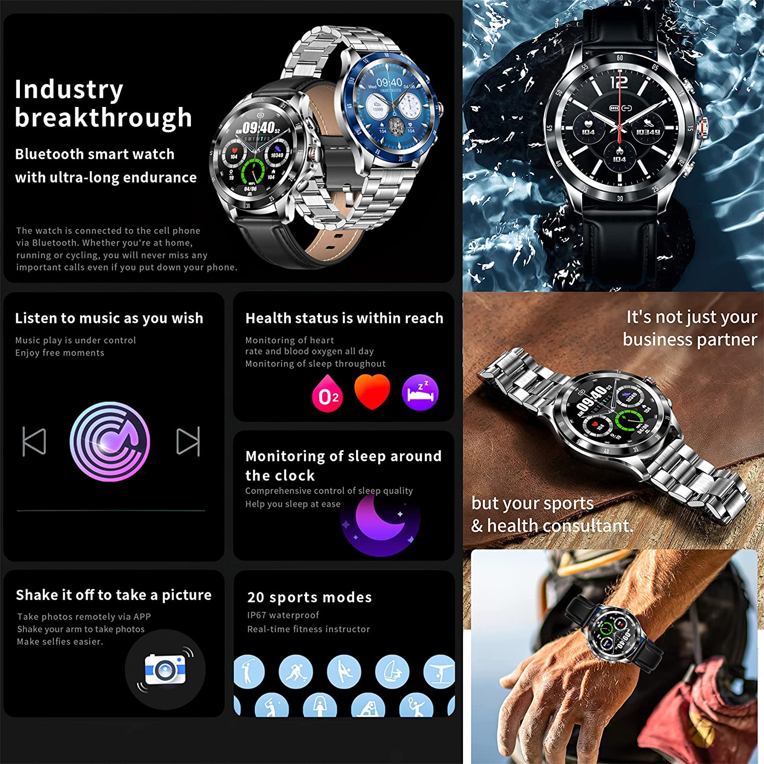 Smartwatch z wieloma widokami, pokazujący tarcze zegarków i interfejs aplikacji. Funkcje obejmują zdrowie, sport i inne.