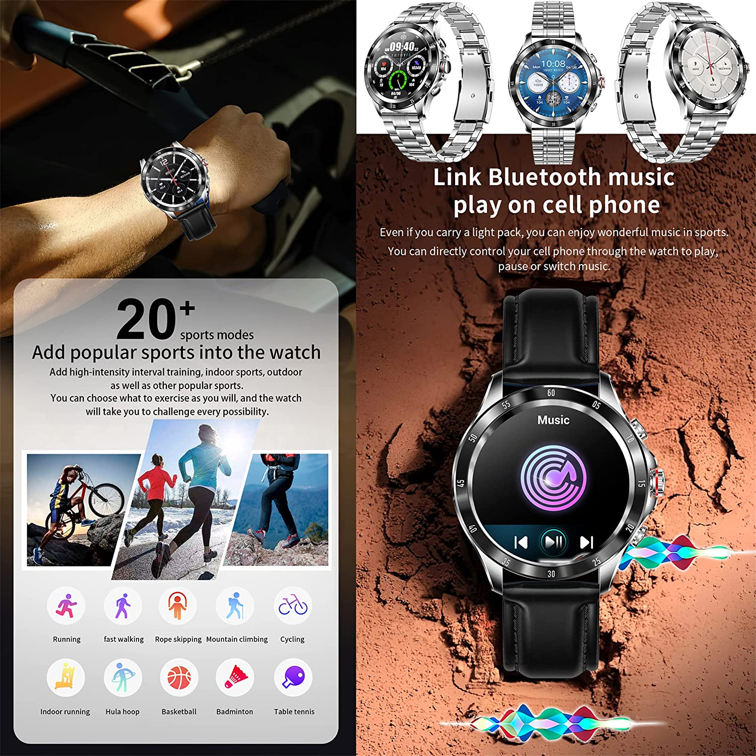 Smartwatch z trybami sportowymi. Pokazuje różne sporty i telefon z odtwarzaną muzyką.
