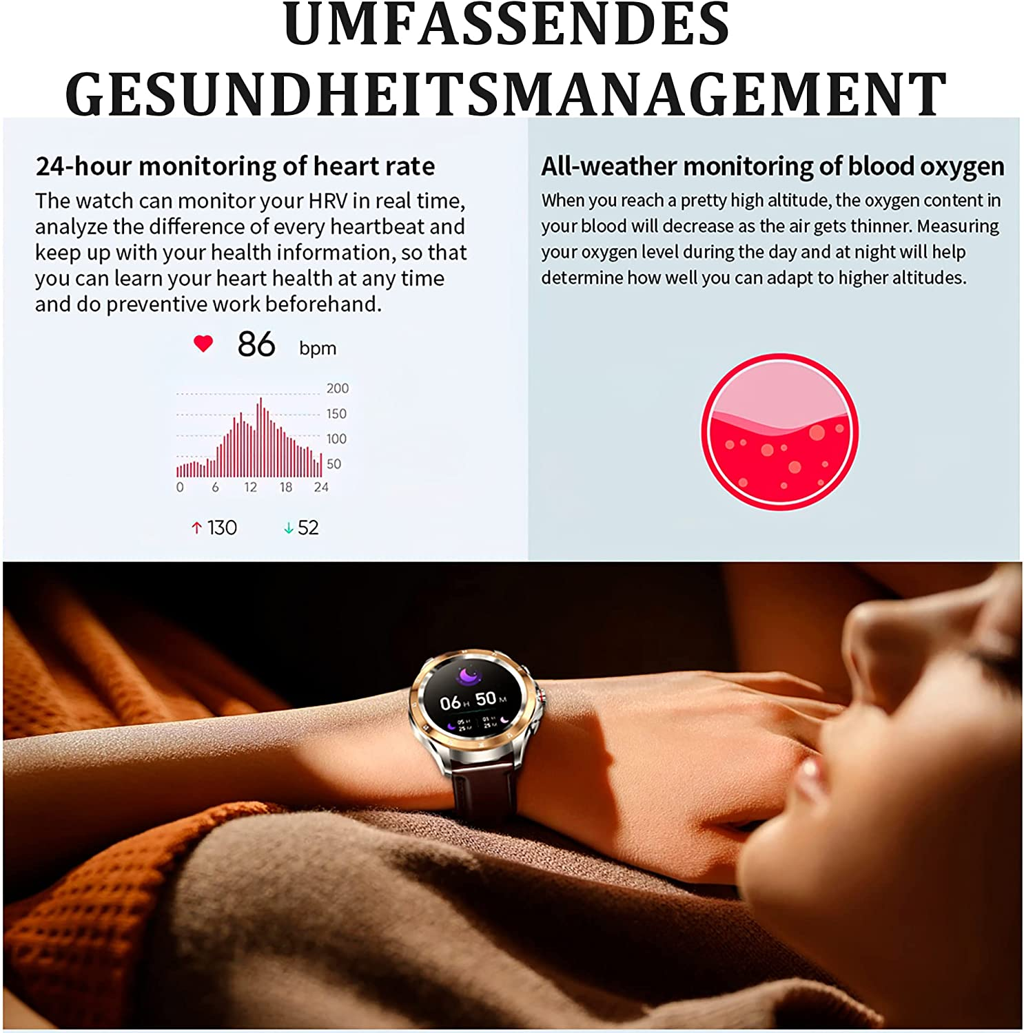 Frau mit Smartwatch, mit Grafiken zu Herzfrequenz und Sauerstoff.