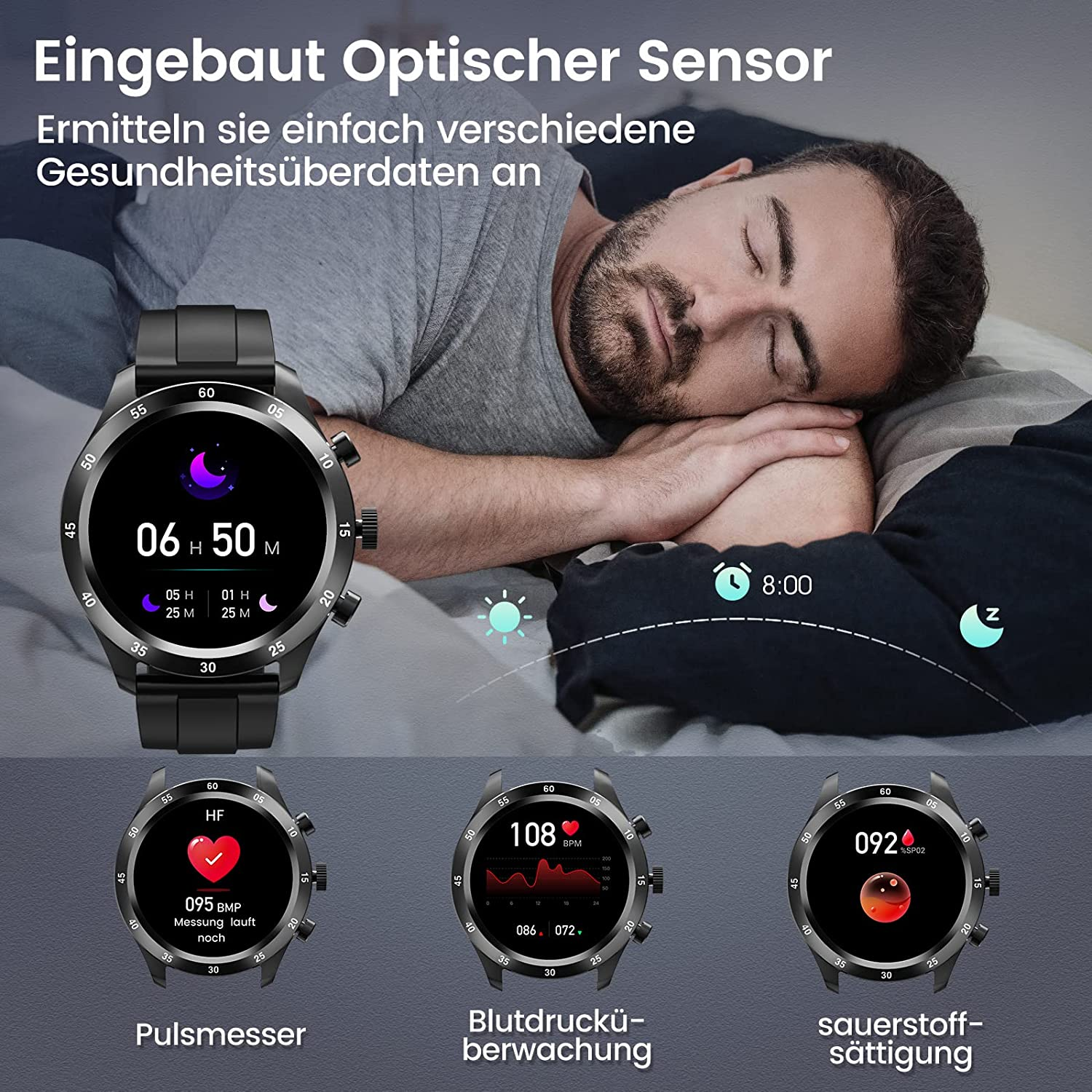 Mężczyzna śpiący z inteligentnym zegarkiem, który wyświetla różne wskaźniki zdrowia.