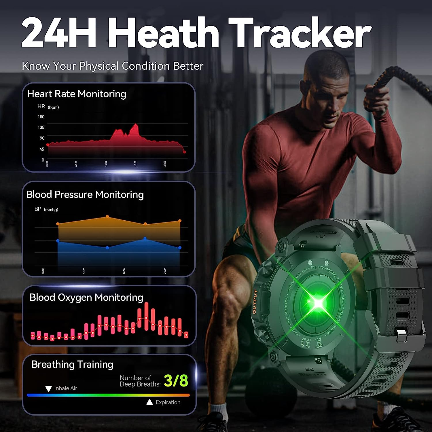 Smartwatch wyświetlający wskaźniki zdrowotne, w tym tętno, ciśnienie krwi i poziom tlenu.