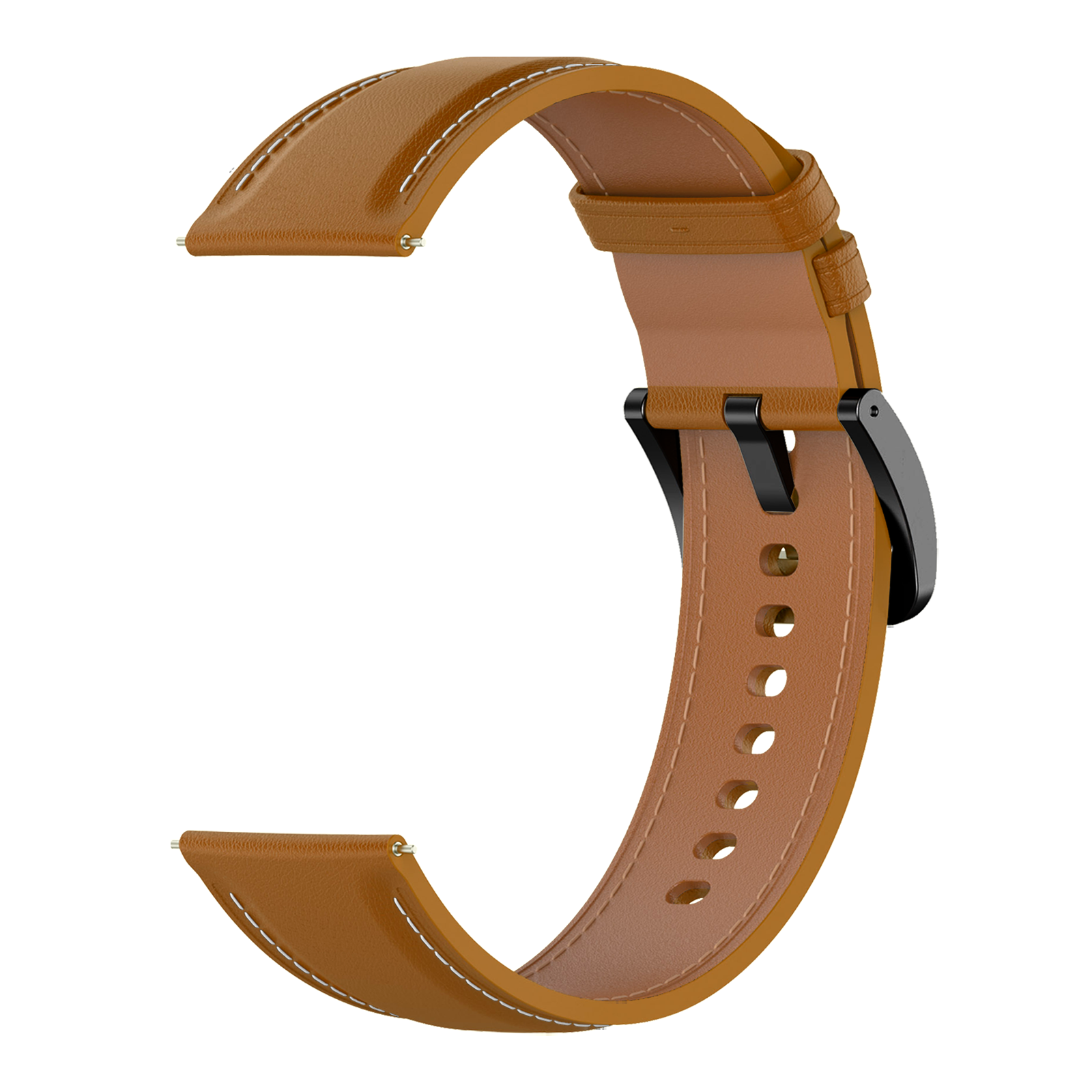 Ein braunes Lederarmband mit schwarzer Schnalle auf weißem Hintergrund.