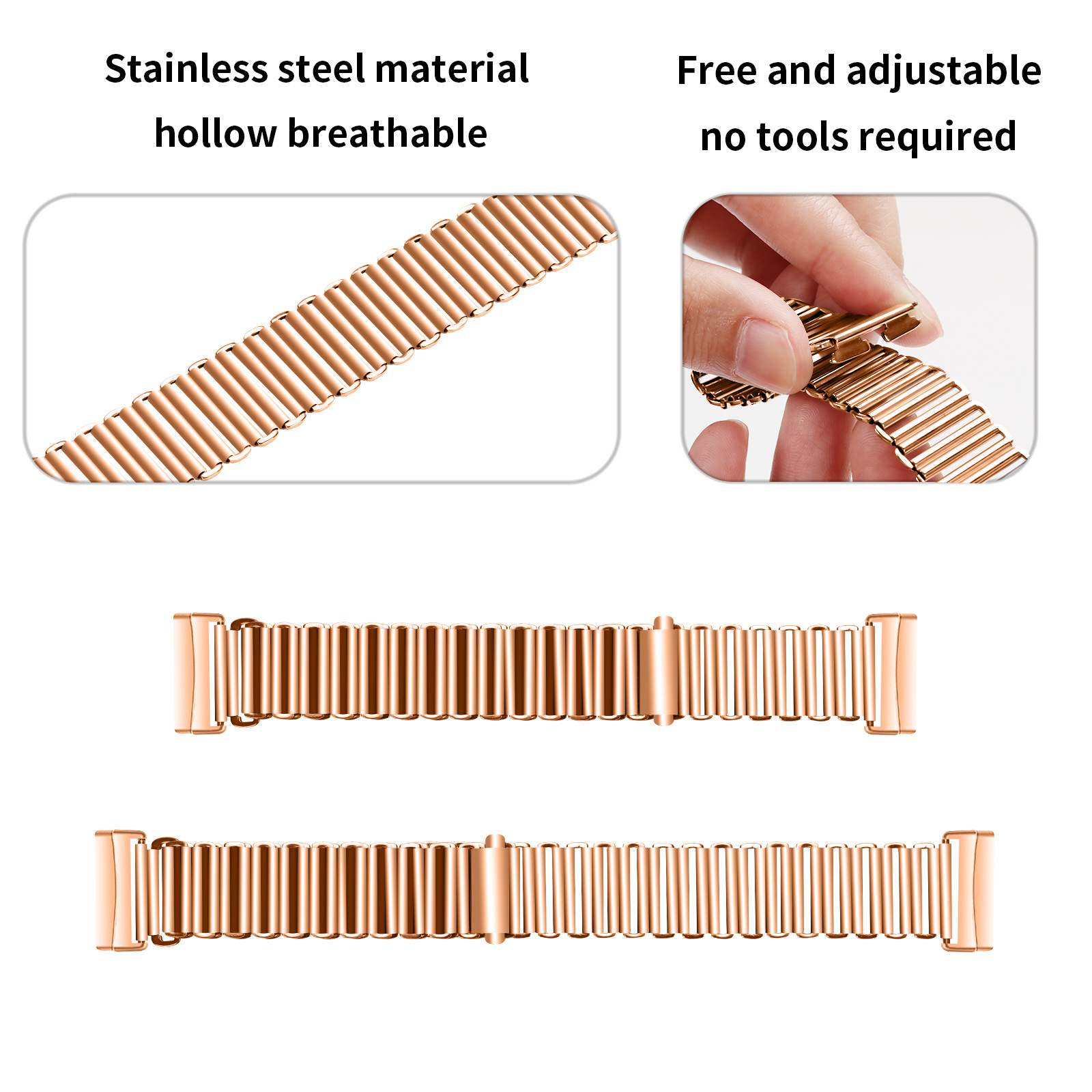 Roségoldenes Armbanddetails: Edelstahl, hohl atmungsaktiv und verstellbar, zeigt verschiedene Teile.