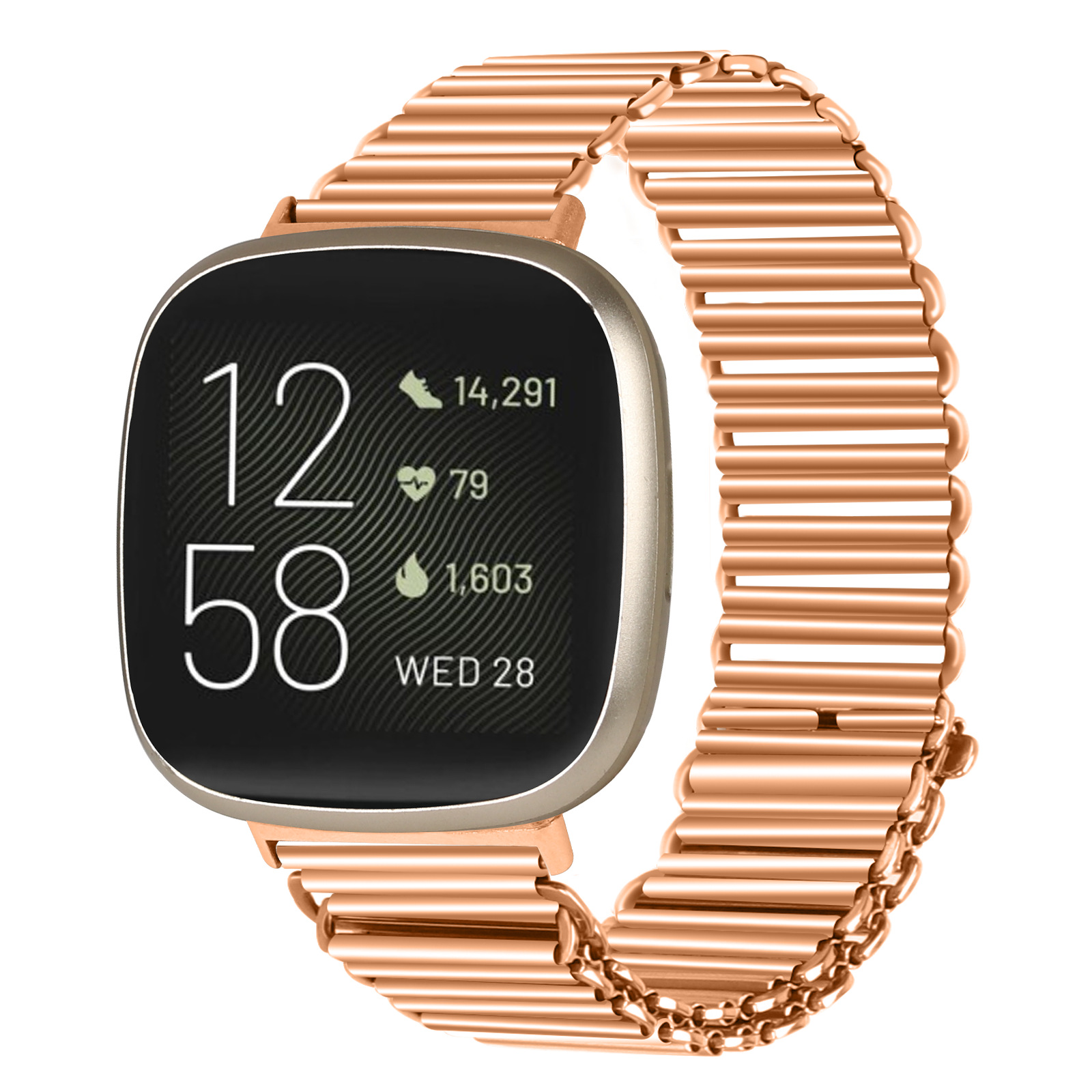 Roségoldene Smartwatch mit Metallband. Der Bildschirm zeigt Uhrzeit und Gesundheitsmetriken.