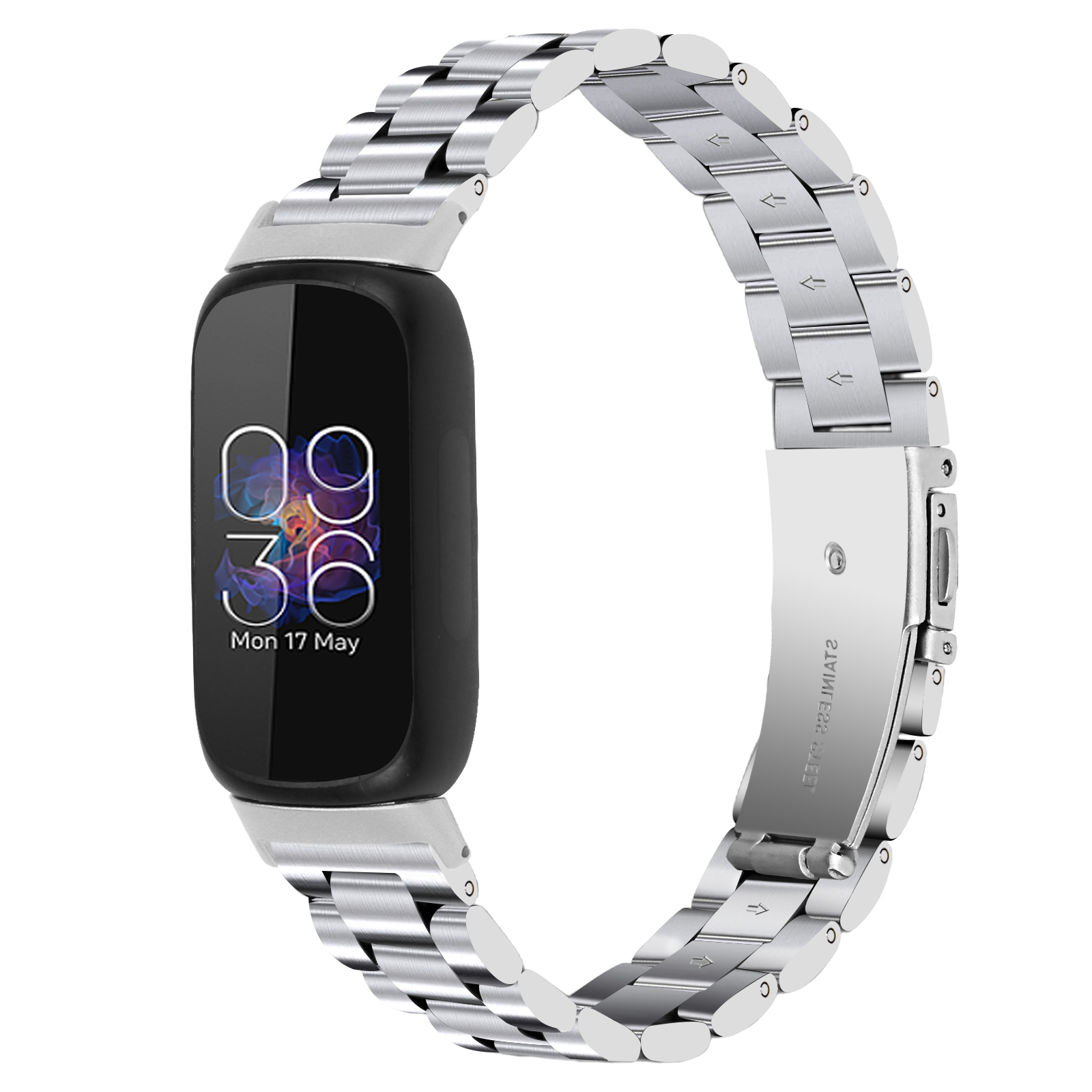 Silbernes Armband mit schwarzem Zifferblatt, das Datum und Uhrzeit anzeigt. Metallband und Verschluss, weißer Hintergrund.