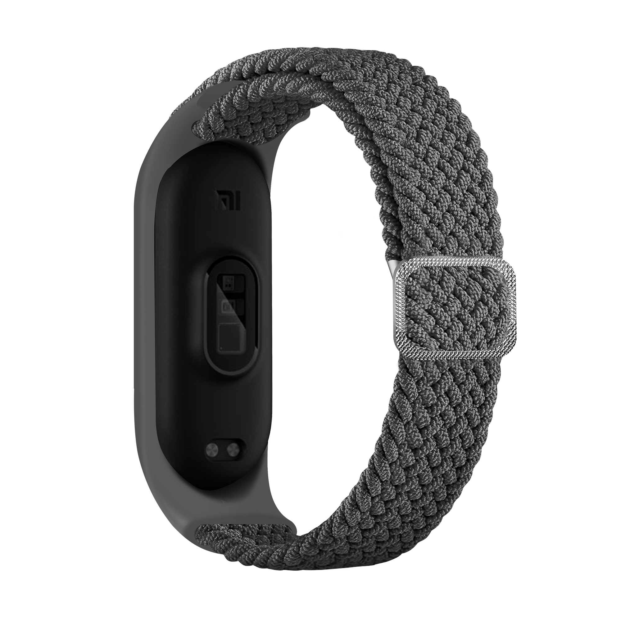 Bracelet de montre connectée noir et gris avec boucle argentée.