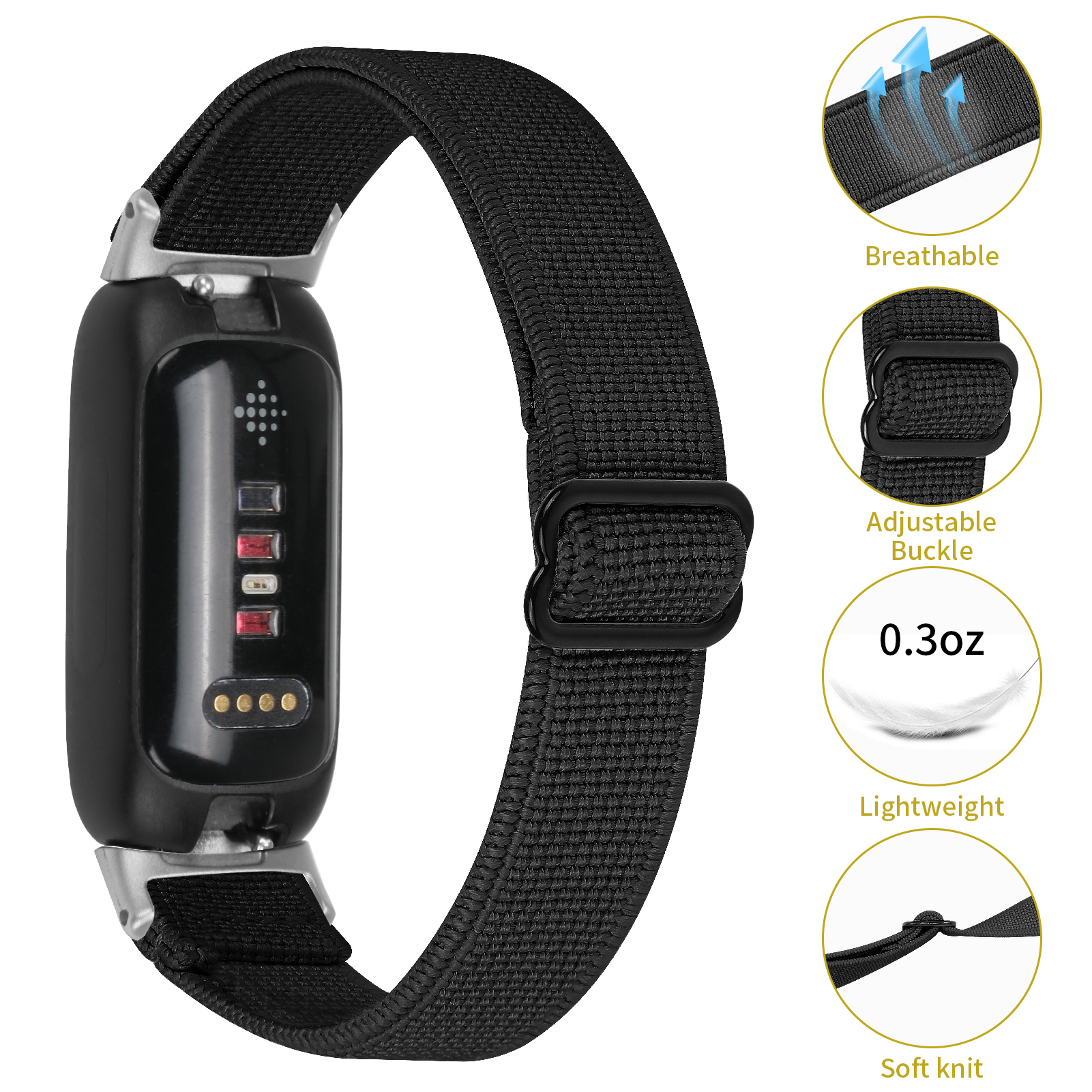 Schwarzes Fitness-Tracker-Armband. Merkmale: atmungsaktives Material, verstellbare Schnalle, leicht, weich gestrickt.