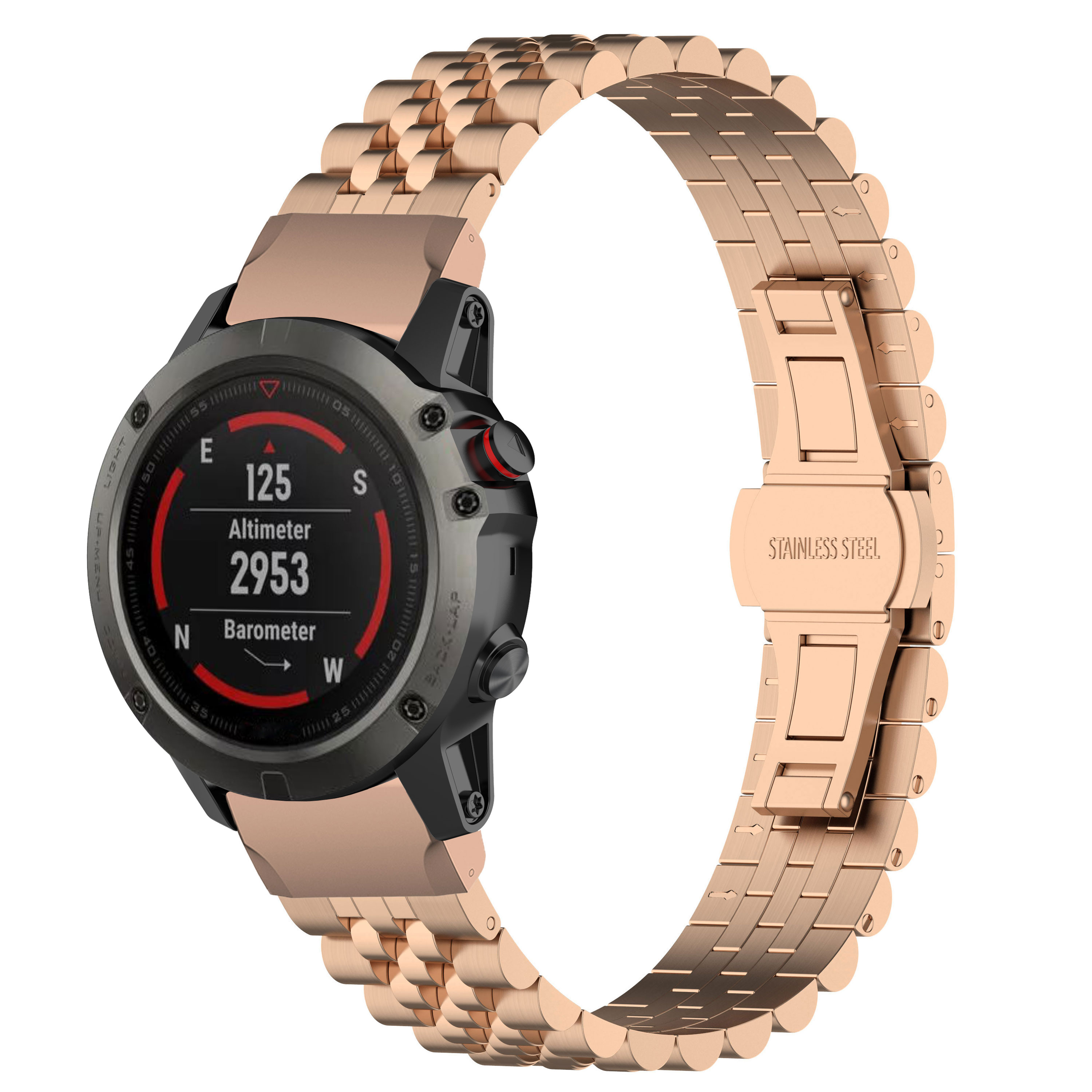 Eine roségoldene Smartwatch mit passendem Armband, vor weißem Hintergrund.