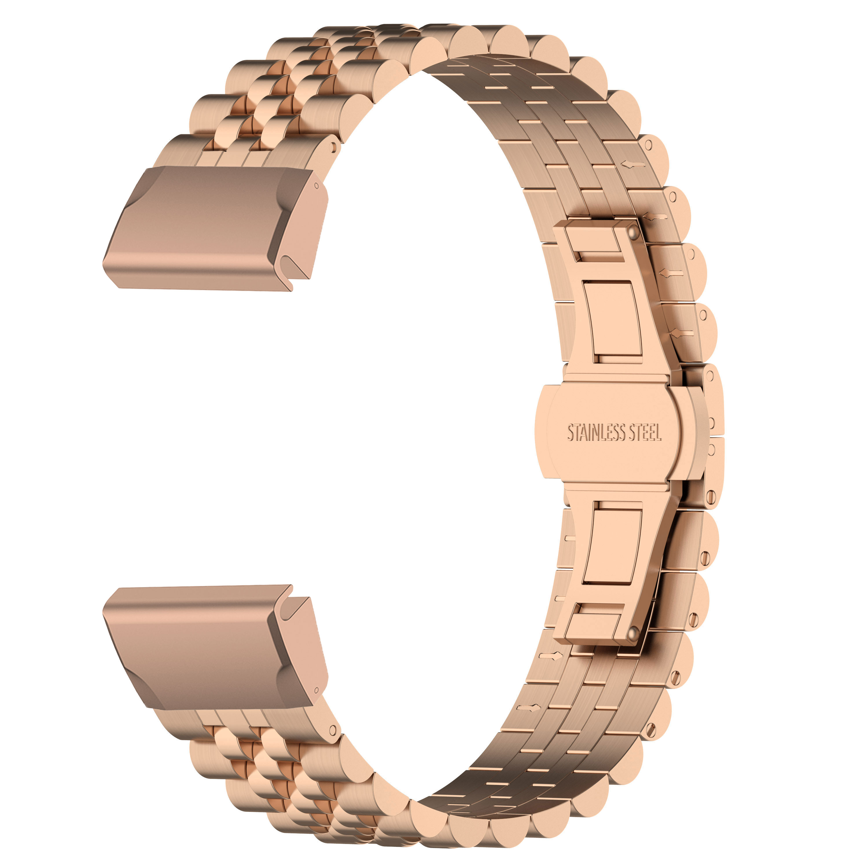 Roségoldenes Uhrenarmband mit geschwungenem Design. Edelstahl mit Verschluss und sichtbaren Steckern.