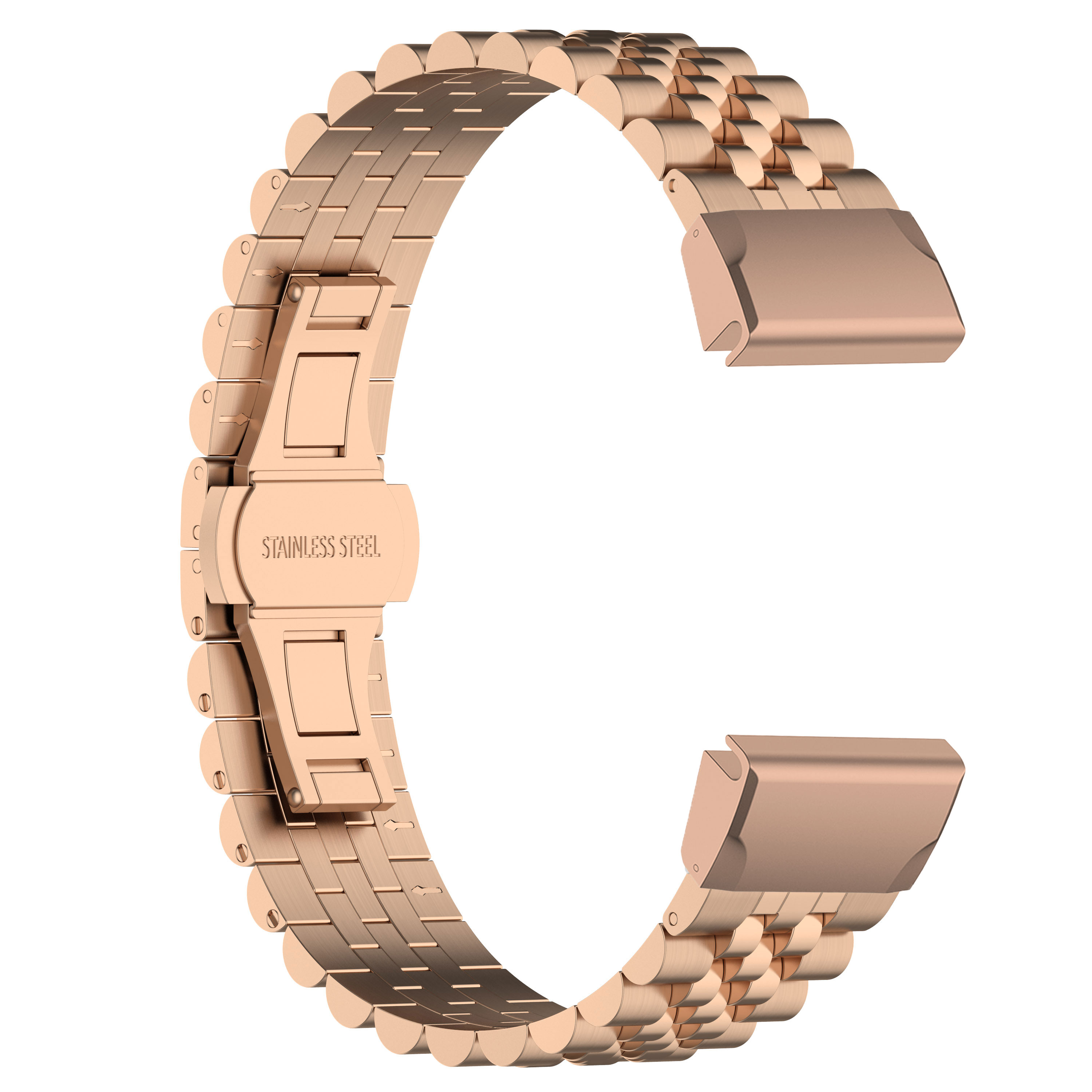 Roségoldfarbenes Uhrenarmband mit Edelstahlverschluss, auf weißem Hintergrund.