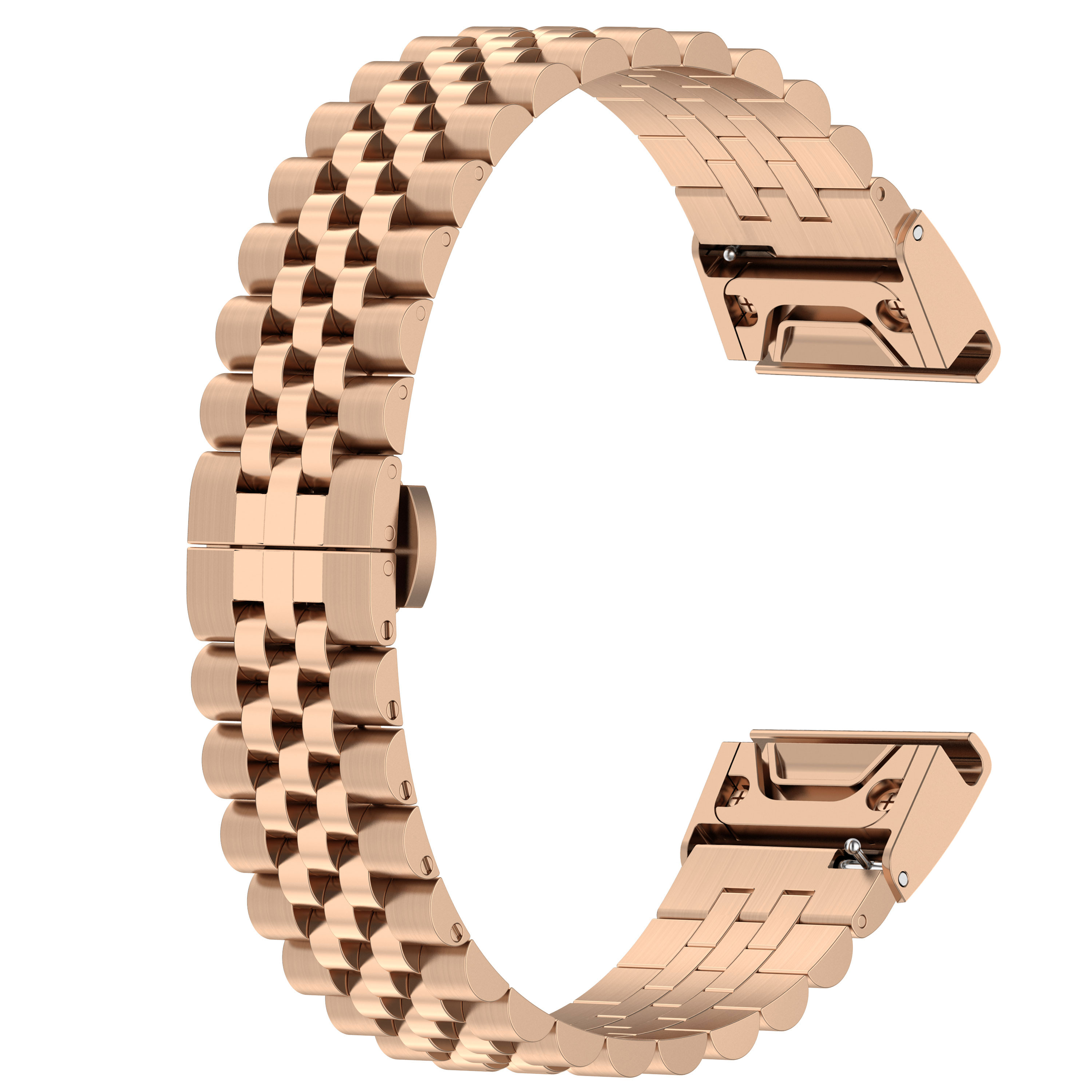 Ein roségoldenes Uhrenarmband. Das Armband besteht aus Kettengliedern und hat eine gebogene „C“-Form.