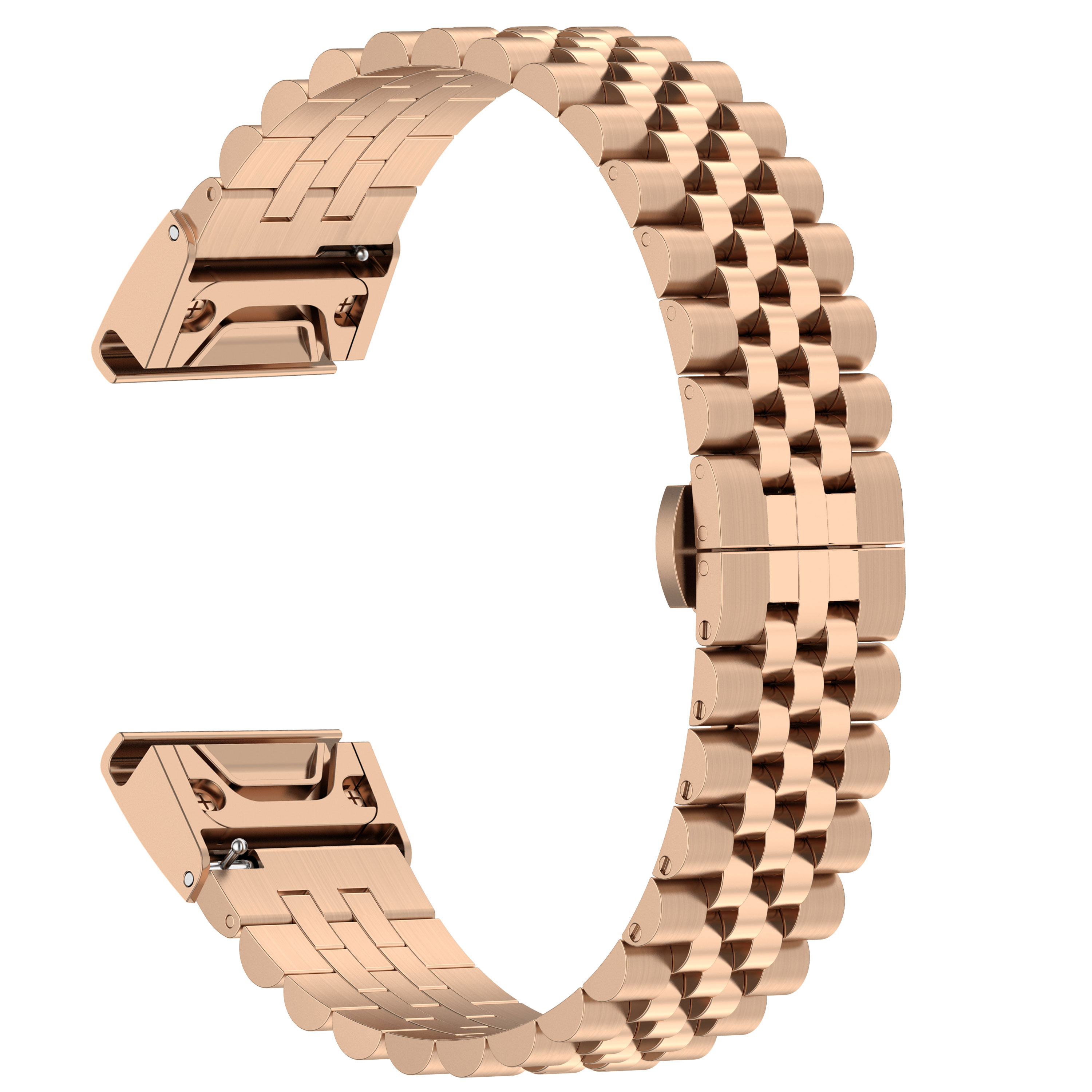 Roségoldenes Uhrenarmband aus rechteckigen Gliedern, an den Enden offen für Befestigung.
